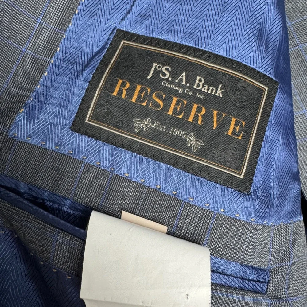 Jos A Bank Reserve Ermenegildo Zegna Wool Suit 46R 38R Grey Blue Plaid Made USA